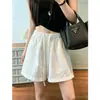 Pantalones cortos de lino blanco para mujer, verano finos de corte holgado, petite de línea A casual de algodón y lino estilo japonés de pierna ancha de longitud media