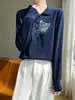 Suéter de Lã Penteada Feminino Solto Redutor de Idade Seda de Amora Manga Longa Fino Gola Polo Interna Estilo Ocidental Camisa Base