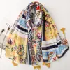 Bufanda geométrica floral con bloques de color bohemia, con borlas, de algodón y lino estampada, estilo étnico, con rayas, chal de vacaciones para la playa para mujer
