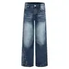 Jeans de Pierna Ancha Estilo Punk Americano para Hombre Decoración con Remaches Metálicos Lavado Pesado Desgastados Sueltos Rectos Pantalones Largos