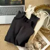 Camisa básica requintada estilo francês miu com barra franzida para mulheres, suéter interno de meia-gola para outono e inverno, blusa de malha de manga comprida