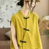 Nova coleção de verão: camisa versátil e estilosa de manga curta, com gola mandarim moderna estilo chinês, design abotoado e colete sem mangas, feita de algodão e linho, para mulheres