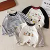 Roupas infantis coreanas primavera e outono novo estilo camiseta infantil de algodão puro manga longa meninos e meninas listrada fofa desenho animado top