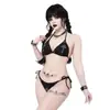 Traje de baño de estilo gótico Y2K para chica hot con copas triangulares y tiras, con cruz y pedrería, set oscuro
