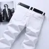 Calça jeans masculina branca pura estilo celebridade, com elasticidade, versão coreana, corte slim, corte reto, business casual, calça de alta qualidade para homens de meia-idade