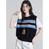 Camiseta de Punto de Seda Helada Rayada Falsa de Dos Piezas de Manga Corta para Mujer 2025 Nueva Holgada Cuello Redondo Top Corto Verano