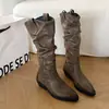 Botas Femininas de Salto Bloco Bico Fino Cor Lavada Estilo Coreano Outono Estilo Cowboy Ocidental Botas Longas de Couro Amassado Versátil Retrô Botas de Montaria
