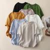 Nuevo Top Retro de Algodón y Lino Sólido para Mujer 2026, Camisa Casual de Manga Corta con Cuello Redondo y Costilla Patchwork, Suéter