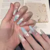 Uñas Vestibles con Gradiente Azul con Diseño de Cola de Pez y Estrella de Mar 3D, Arte de Uñas Deslumbrante Ojo de Gato Deseo Puro, Pegatinas para Uñas Iluminadoras y de Alta Gama