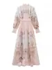 Vestido largo de manga larga con estampado floral transfronterizo de comercio exterior, cuello alto, dobladillo con volantes, cinturón en la cintura y falda larga estilo festivo