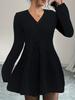 Europeo y Americano Transfronterizo Amazon Nuevo Negro Cuello en V Manga Larga Botón Vestido de Punto Mujer