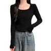 Suéter Tricot Básico Quadrado de Manga Longa com Barra Dobrada 2025 para Mulheres, Camisa Base Versátil para Outono, Slimming