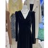 Vestido de terciopelo de corte ajustado con cuello en V para mujer, vestido francés, estilo Hepburn, Otoño Nuevo