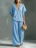 2026 Novo Estilo Transfronteiriço Amazon Conjunto Feminino de 2 Peças Tamanho Plus Algodão Linho Conjunto Casual Calça Longa Solta de Cintura Alta