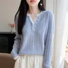 Cárdigan de punto de lana pura de dos piezas sintéticas para mujer, nuevo otoño/invierno, cuello semiv profundo, manga larga, bloque de color, botones, tejido de canalé