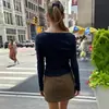 Camiseta de manga larga a rayas con cuello en V, estilo retro americano, con botones, ajuste slim, Harajuku, top casual personalizado, ropa de mujer a la moda