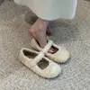 Sapatos planos fofos estilo fada com bico redondo, laço, para outono e inverno, versáteis e quentes, mocassins de algodão com adição de fleece