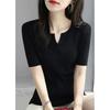 Playera de Punto de Seda Helada de Manga Corta para Mujer, Verano 2025 Color Sólido Cuello en V Ajuste Entallado Elegante Delgada Versátil Top Moda Trendy