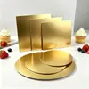 Bandejas base desechables para pasteles, superventas transfronterizas, disponibles para venta al por mayor, con acabado dorado brillante, en formas redondas y cuadradas, y con un diseño más grueso para pasteles de mousse