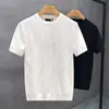 Camiseta de manga corta de seda de hielo para hombre, verano, fina, marca de moda, suéter de punto, tops ajustados, elásticos, transpirables, elegante británico, ropa de hombre