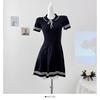 Vestido de punto a rayas estilo academia de manga corta para mujer, verano, solapa, lazo, cordones, corte ajustado, línea A, falda corta