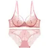 Nuevo conjunto de lencería sexy ultra delgado de encaje transparente para tallas grandes europeo y americano, los bustos grandes se ven más pequeños, conjunto de sujetador push-up y realce