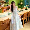 Vestido Longo de Chiffon com Estampa Floral e Decote V para Mulheres, Estilo Resort de Verão de Alta Qualidade, Dopamina, Cintura Alta, Corte A, Transfronteiriço