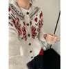 Cárdigan de punto cálido estilo Fair Isle floral coreano para mujer, suéter abrigo holgado estilo retro perezoso para primavera y otoño