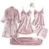 Pijama para Mulheres Verão Seda de Gelo Sexy Quente Roupas de Casa Primavera e Outono Manga Longa Fino Tamanho Grande Suit de Cinco Peças Transfronteiriço Roupão