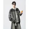 Cardigan Tricô Listrado Retrô Masculino Outono Inverno Moda Americana Marca Lazy Knitwear Jaqueta Casual Solta para Casal