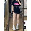 Shorts de Mezclilla Negros de Cintura Alta para Mujer, Estilo Delgado de Verano, Tallas Grandes, Favorecedores para Figuras Curvilíneas, Ocultan el Vientre, Pierna Ancha Línea A Petite, Hot Pants