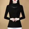 Moda Coreana Elegante Cuello Semi Alto Encaje Empalmado Diamante Caliente Calado Manga Larga Terciopelo Alemán Prenda Interior Reductora de Edad Cubre Vientre Camiseta Térmica Superior