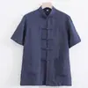 Camisa de Lino Estilo Chino para Hombre de Verano Delgada Cuello Vertical Hebilla Manga Corta Camisa de Lino Vintage Holgada para Hombre