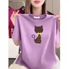 Camiseta de Manga Curta da Marca da Moda deste Ano com Estampa de Gato Vinho para Mulheres, Modelagem Solta, Top de Verão Estilo Mãe que Reduz a Idade