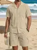 Trajes casuales de algodón y lino para hombre de Primavera y Otoño Transfronterizos Amazon Camisas Holgadas de Solapa Conjuntos de Pantalones Cortos de Manga Corta Venta al por Mayor