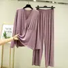 Conjunto de pijama de modal con cuello en V para mujer, primavera y verano, corte holgado, top de manga larga, talla grande, fino, conjunto de dos piezas moderno