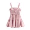 Estilo Europeu e Americano 2024 Verão Novo Saia Mini Rosa Drapeada com Bolinhas Vestido Sem Costas com Visual Emagrecedor Atacado