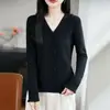 Cardigã de malha fino estilo francês com decote V e babados para mulheres, suéter leve de caimento solto
