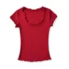 Ropa de mujer transfronteriza al por mayor 2026 verano nuevo estilo puro deseo cuello en U borde ondulado manga corta ajustado elástico camiseta top