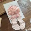 Conjunto de Chapéu e Meias para Bebê Menina Chapéu Pulôver com Laço Rosa Proteção para Fontanela de Recém-Nascido Chapéu Fetal Chapéu Indiano