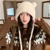 Otoño e Invierno Lindo Oso de Dibujos Animados Gorro de Punto para Ciclismo al Aire Libre Cálido Gorro de Lana con Lazos Gorro Engrosado con Forro de Polar Venta al por Mayor