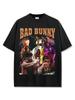 Camiseta de Manga Curta High Street Hip-Hop Retro Transfronteiriça com Estampa Bad Bunny Hip-Hop Americano Gola Pequena Pesada de Marca Tendência