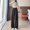 Calça feminina azul marinho para outono e inverno, nova, perna reta versátil, justa, forrada com fleece, perna larga, grossa, calça de terno