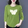 E-commerce Transfronteiriço Comércio Exterior Estilo Mãe Mulheres de Meia-Idade Camiseta de Manga Três Quartos Solta Casual Versátil Camiseta Básica Top