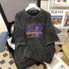 2025 Verano Nuevo Pareja Lavado Vintage Viejo Manga Corta Algodón Suelto Casual Camiseta Estilo Americano Vintage Estampado
