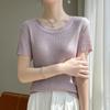 Suéter de punto con cuello redondo de hilo especial nuevo para primavera 2025 Camiseta de manga corta para mujer Color liso Pulóver sin costuras Camiseta básica