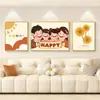 Una Familia de Tres Sana Sala de Estar Cálida Triple Pintura Decorativa Tronco Crema Nueva Pintura Colgante Mural de Fondo para Sofá