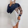 Amazon Comercio Exterior Transfronterizo Modelo Caliente Otoño e Invierno Nuevo Empalmado Cuello Redondo Media Longitud Estampado de Leopardo Sudadera Jersey Falda para Mujer