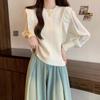 Estilo Coreano Otoño e Invierno Nuevo Estilo Coreano Moda Suéter de Punto Holgado de Cuello Redondo con Volantes Manga Larga Costuras Lazo Top de Mujer
