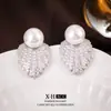 Pendientes de Pluma de Diamante Completo Aguja de Plata Perla Pendientes de Clip de Bobina de Mosquito Retro de Lujo Ligero Europeo y Americano Pendientes de Moda Elegantes para Mujer